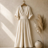 Soléra – Wide Leg V Neck Jumpsuit with Pleated Waist Sash