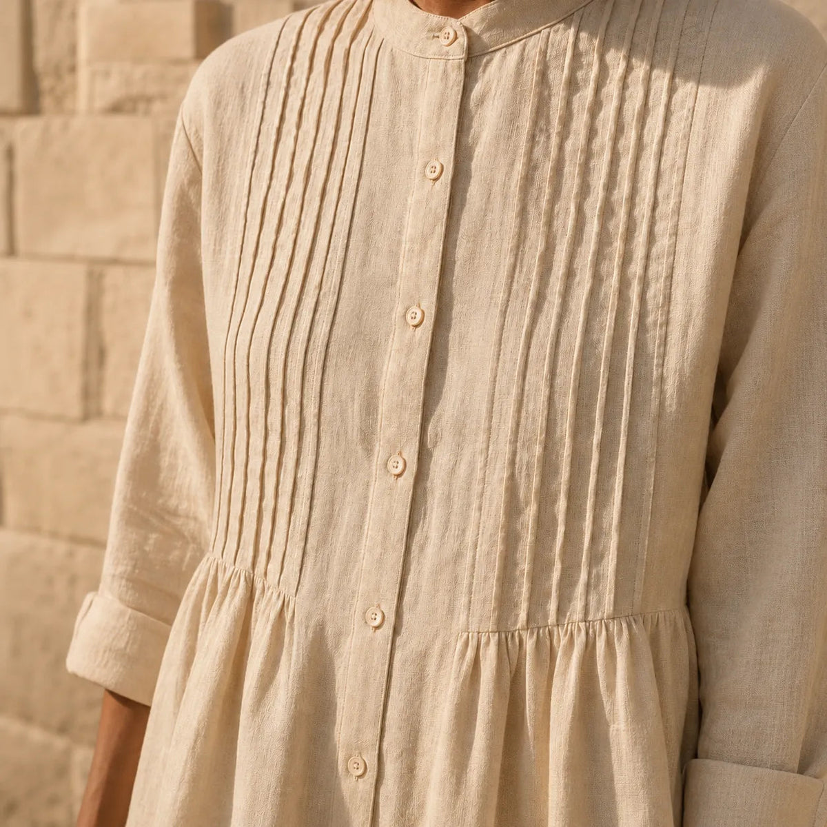 Costera – Flowy Pintuck Shirt Dress, Linen-look, Midi Length