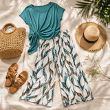 Lunaria – Women's Side-Tie Top & Wide-Leg Leaf-Print Pants Set