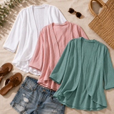 Veluna – Lightweight Eyelet Open-Front Cardigan for Women, 3/4 Sleeve Ruffle Hem Summer Layer