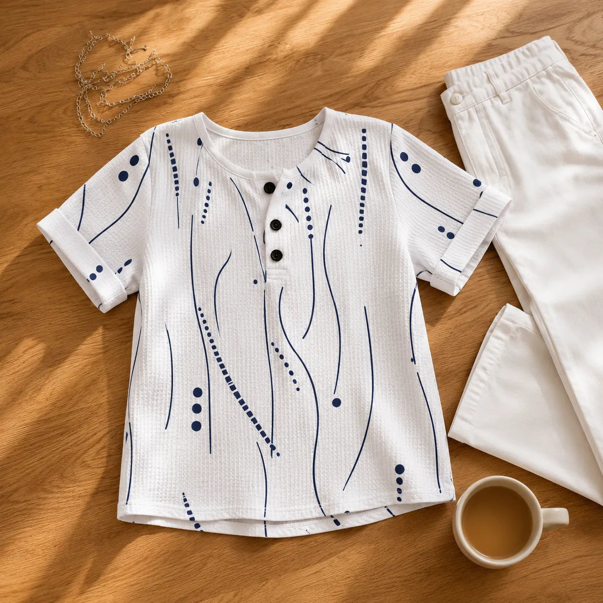 Marellia – Abstract Print Waffle Top with Button Placket