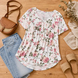 Florenza – Women's Floral Pleated Henley Tunic Top, Flowy Short Sleeve V-Neck Button Up Shirt for Jeans