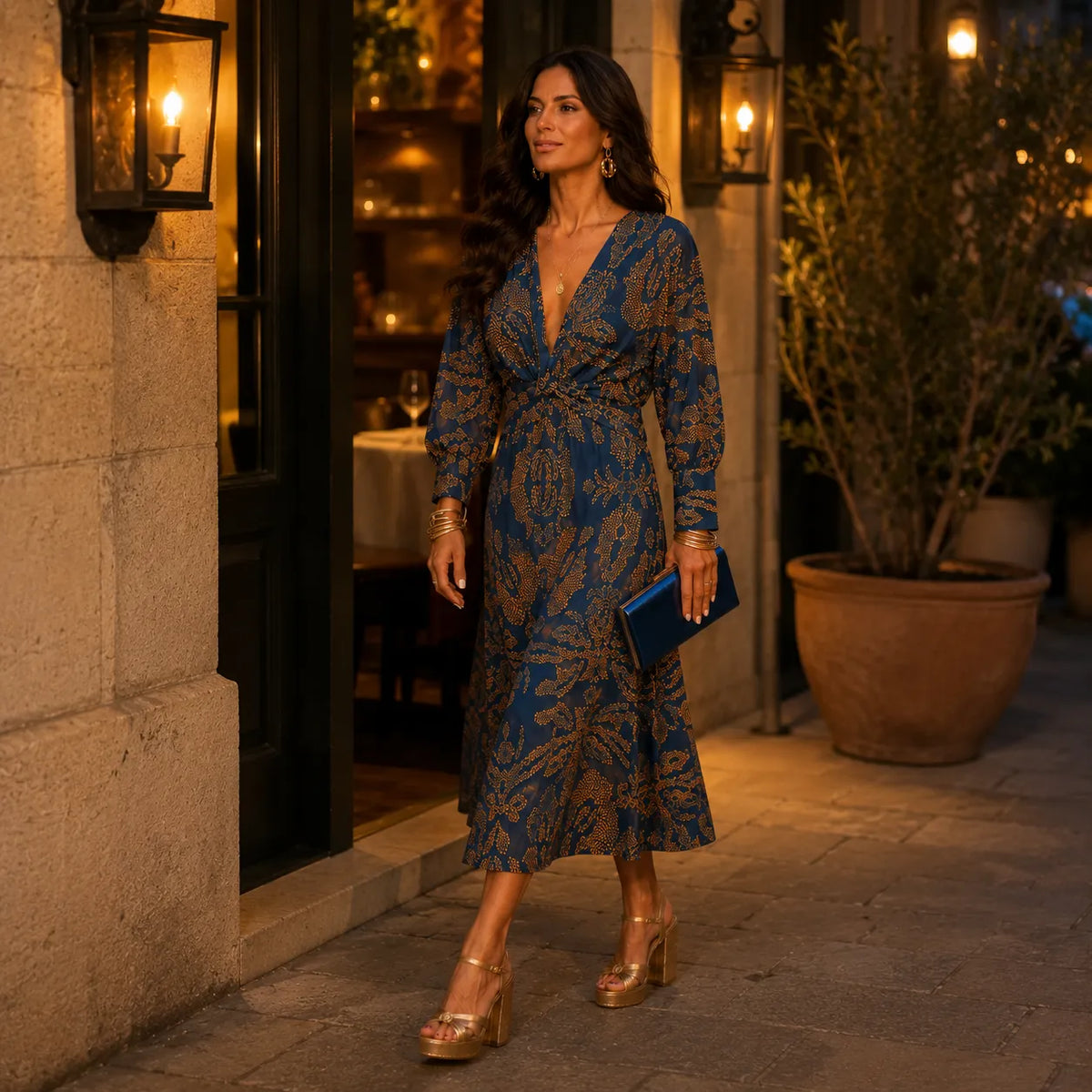 Florenza – Baroque Print Twist-Front Wrap Midi Dress