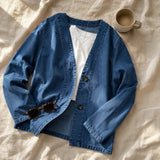 Verelle – Women's V-Neck Collarless Denim-like Jacket, Soft Button-Front Layer