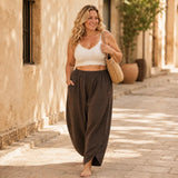 Lounella – Wide Leg Harem Pants with Elastic Waist and Deep Pockets