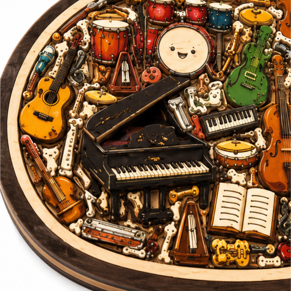 Melora – Wooden look Musical Note Puzzle with Instrument Shaped Pieces, Display Stand Included