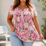 Florenza – Women's Floral Pleated Henley Tunic Top, Flowy Short Sleeve V-Neck Button Up Shirt for Jeans