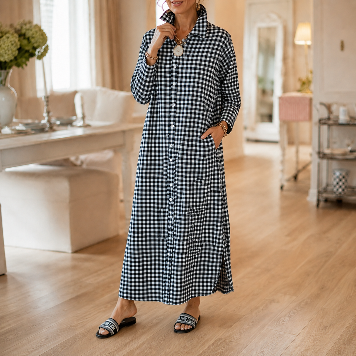 Harlowe – Gingham Button-Front Maxi Shirt Dress with Side Slits