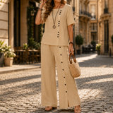 Lunelle – Women's Linen 2-Piece Set with Wide-Leg Pants and Button Detail
