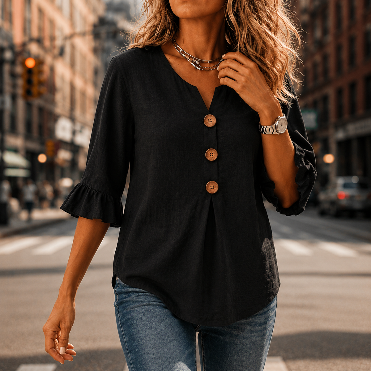 Laurelle – V-Neck Ruffle Sleeve Blouse with Buttons