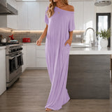 Solenne – Off-Shoulder Drape Maxi Dress with Side Pockets, Soft Viscose Throw-On Summer Dress