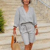Solenne – Linen-look Two-Piece Set with V-Neck Top and Belted Bermuda Shorts