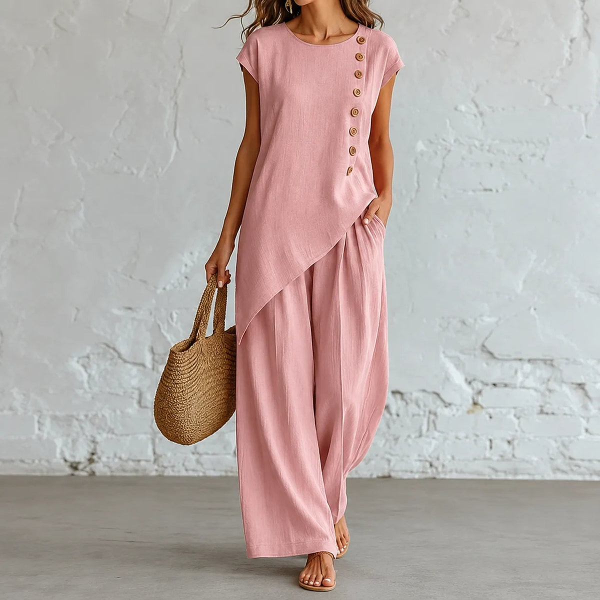 Elovena – Asymmetric Hem Matching Set with Wide-Leg Pants
