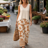 Solavia – Effortless 2 Piece Set, Sleeveless V-Neck Top and Wide-Leg Printed Pants