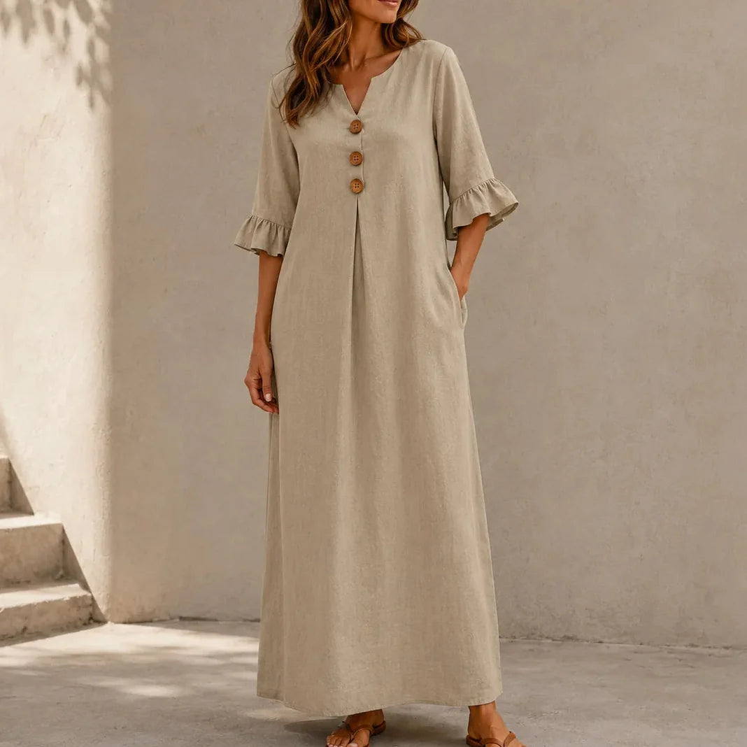 Marellia – Flowy Linen-Look V-Neck Maxi Dress with Pockets