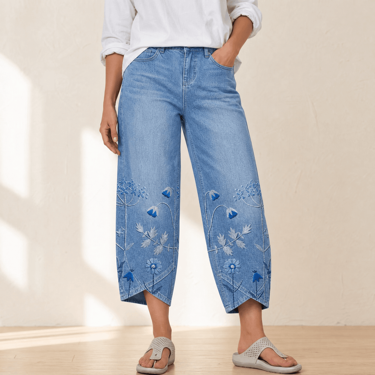 Bloomara – Women's Embroidered Wide-Leg Jeans with Tulip Hem