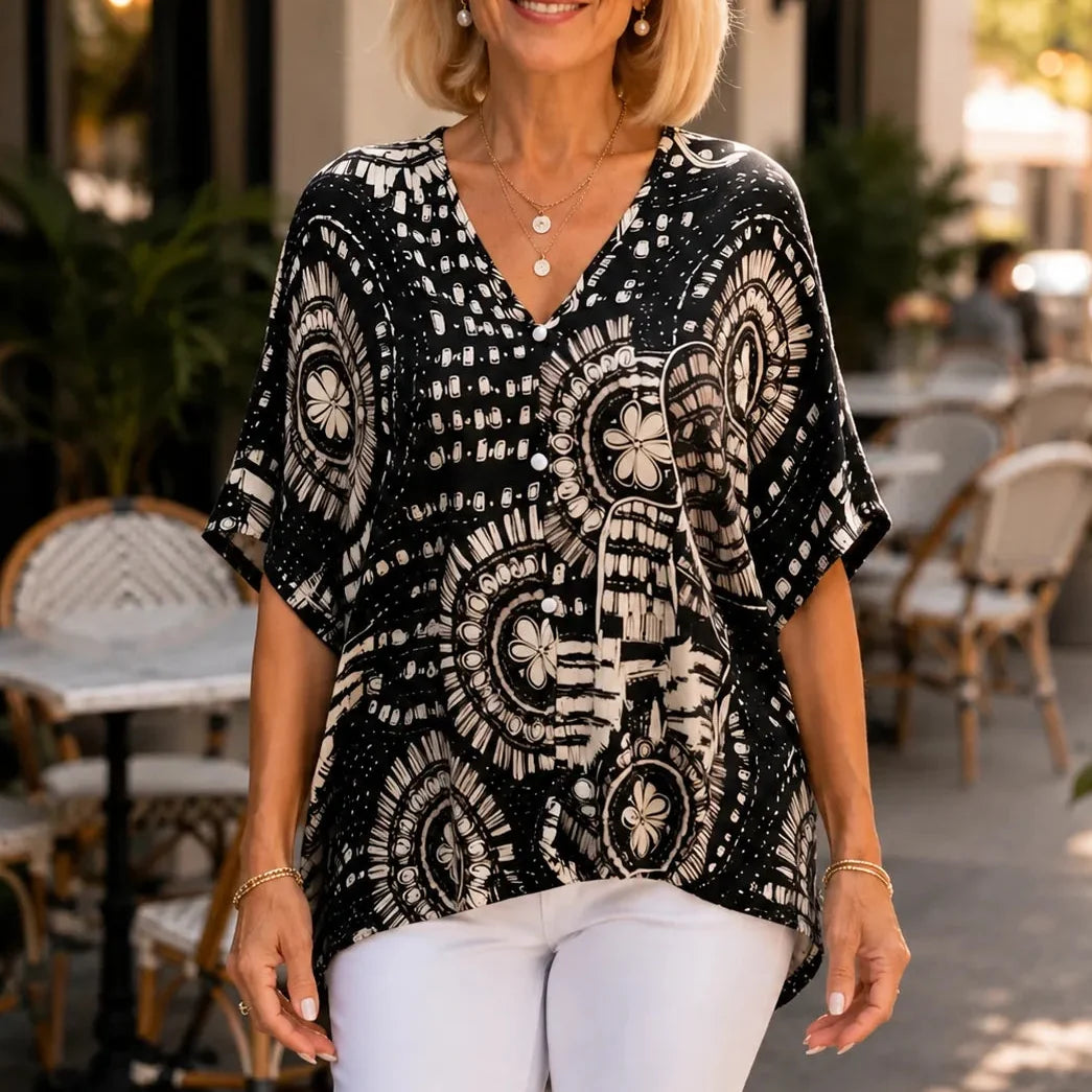 Solvana – Boho V-Neck Dolman Sleeve Top for Women, Floral Print Loose Summer Blouse