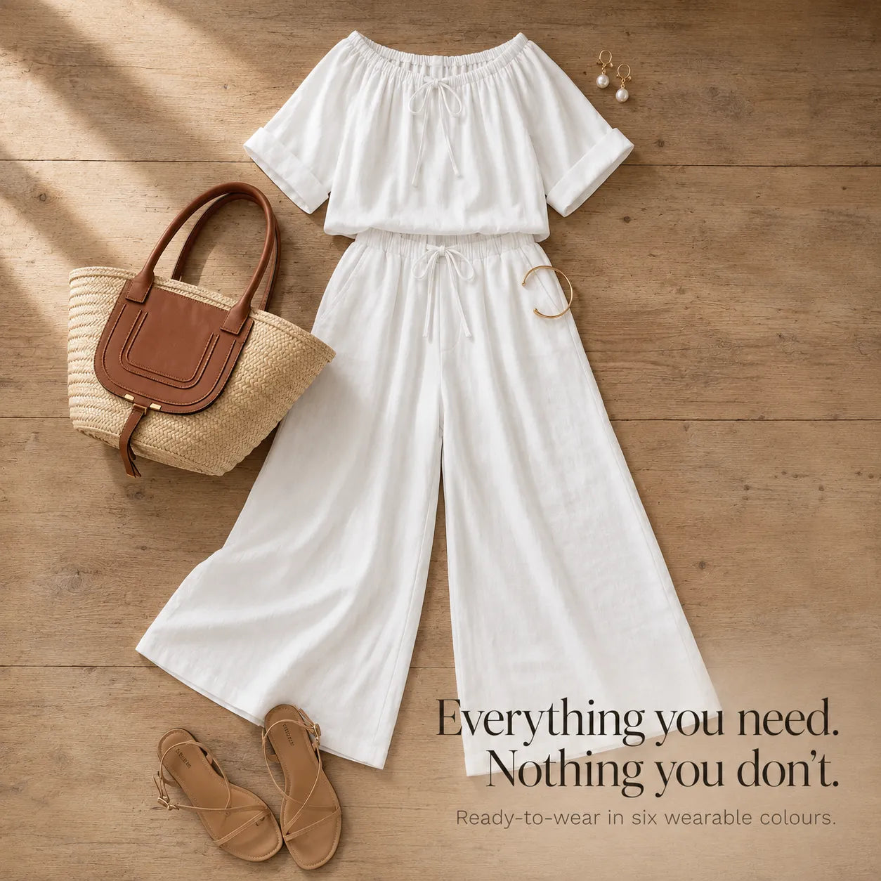 Soléne – Off-Shoulder Drawstring Top & Wide-Leg Pants 2-Piece Set