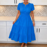 Willowen – V-Neck Tiered Midi Dress with Pockets, Short Sleeve, Ruched Waist