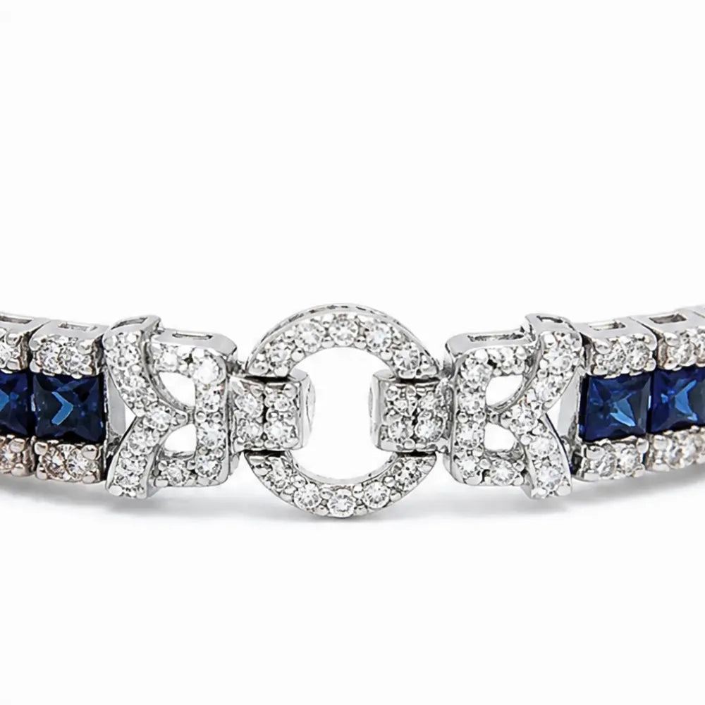 Sereva – Art Deco Sapphire Look Tennis Bracelet with Diamond-Look Clasp, Silver-Tone