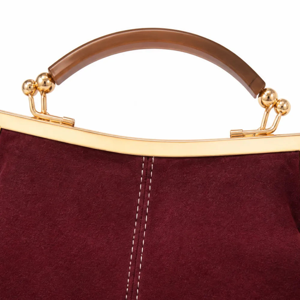 Marelli – Suede-look shell bag with gold tone-frame clasp and crossbody strap