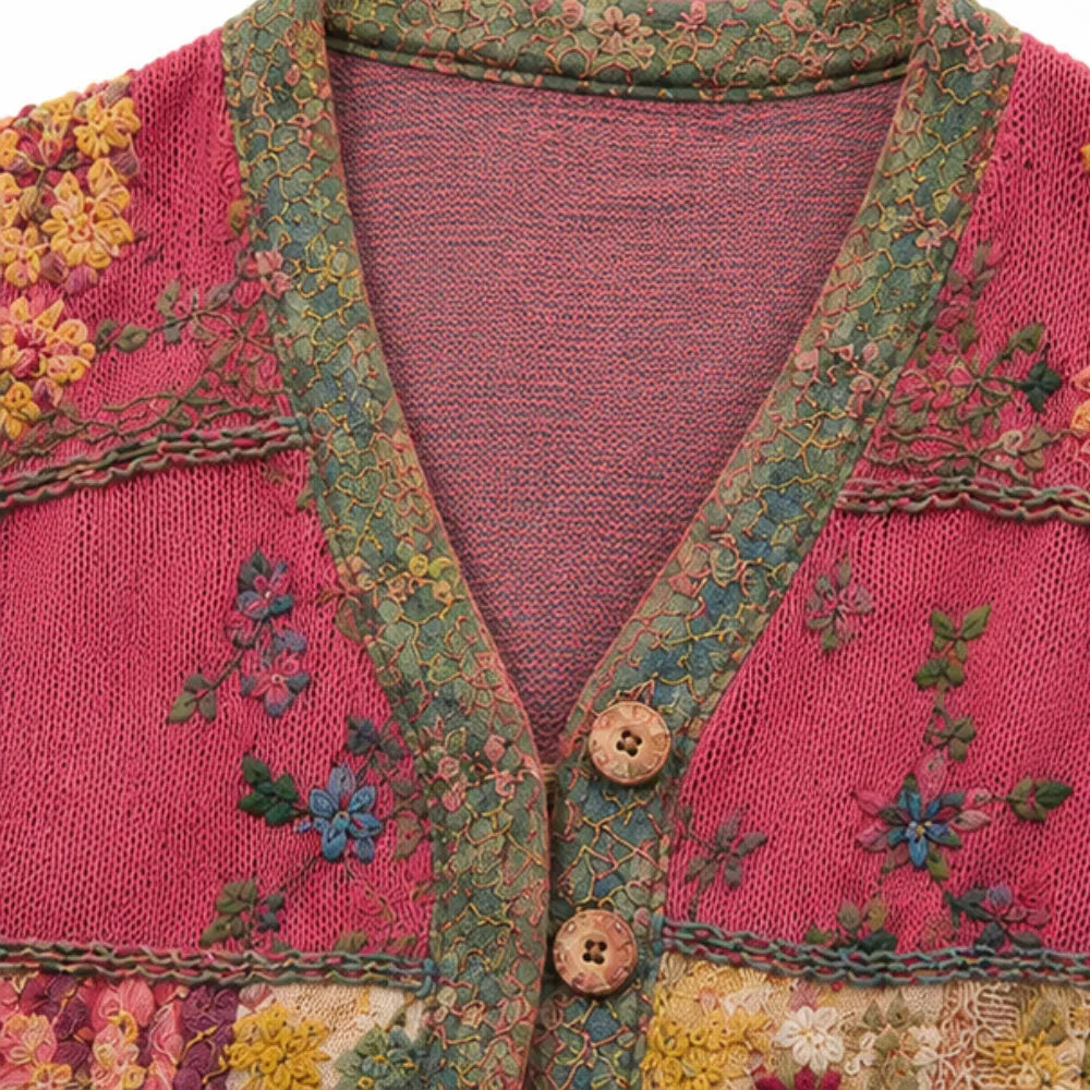 Solenne – Embroidered Look Floral Patchwork Boho Cardigan