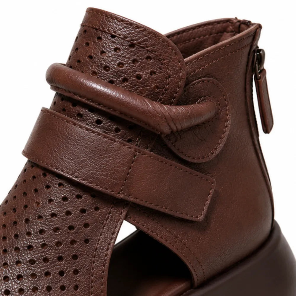 Terracora – Cut Out Platform Sandals with Back Zip, Cognac Espresso Beige