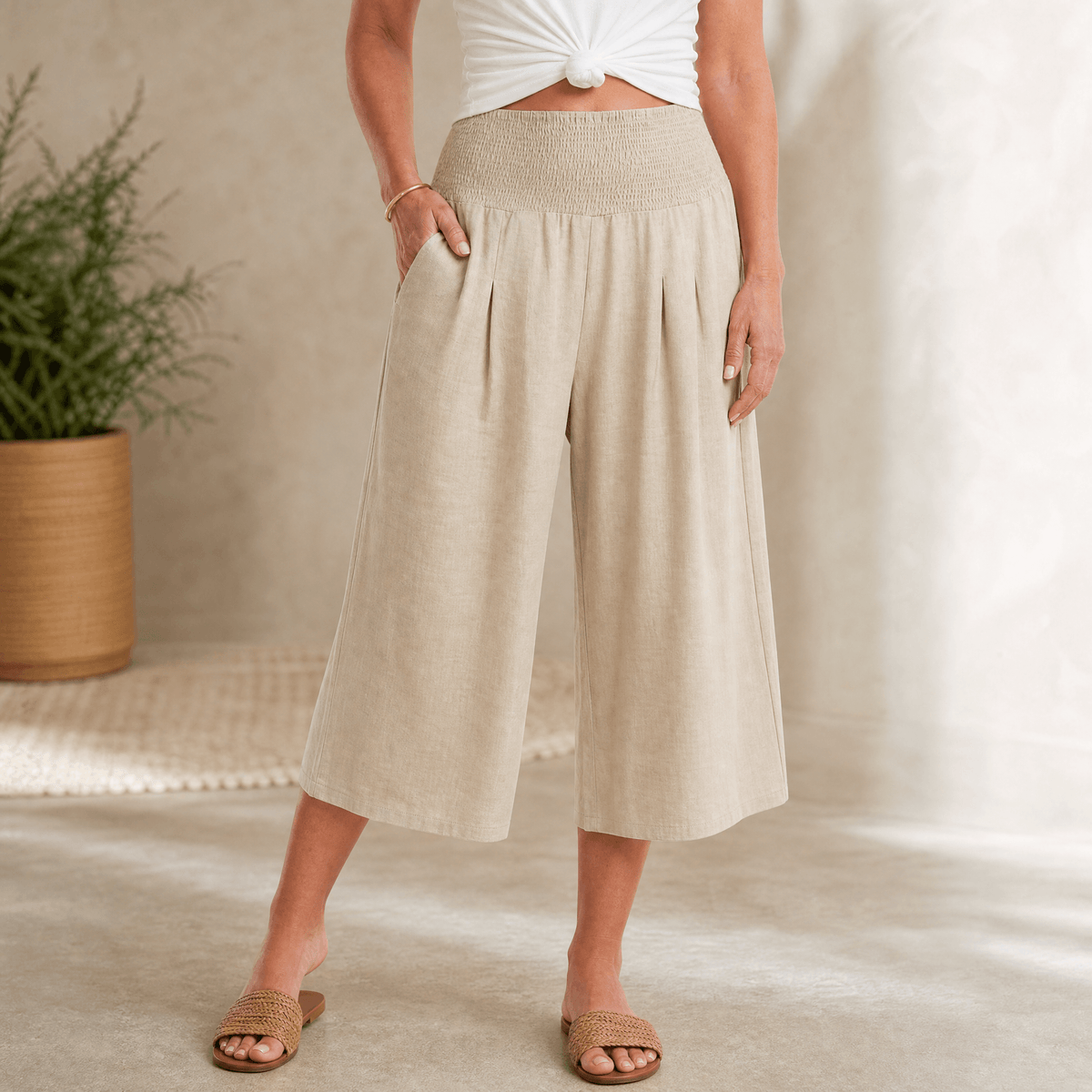 Coastella – Women's Smocked-Waist Wide-Leg Culottes