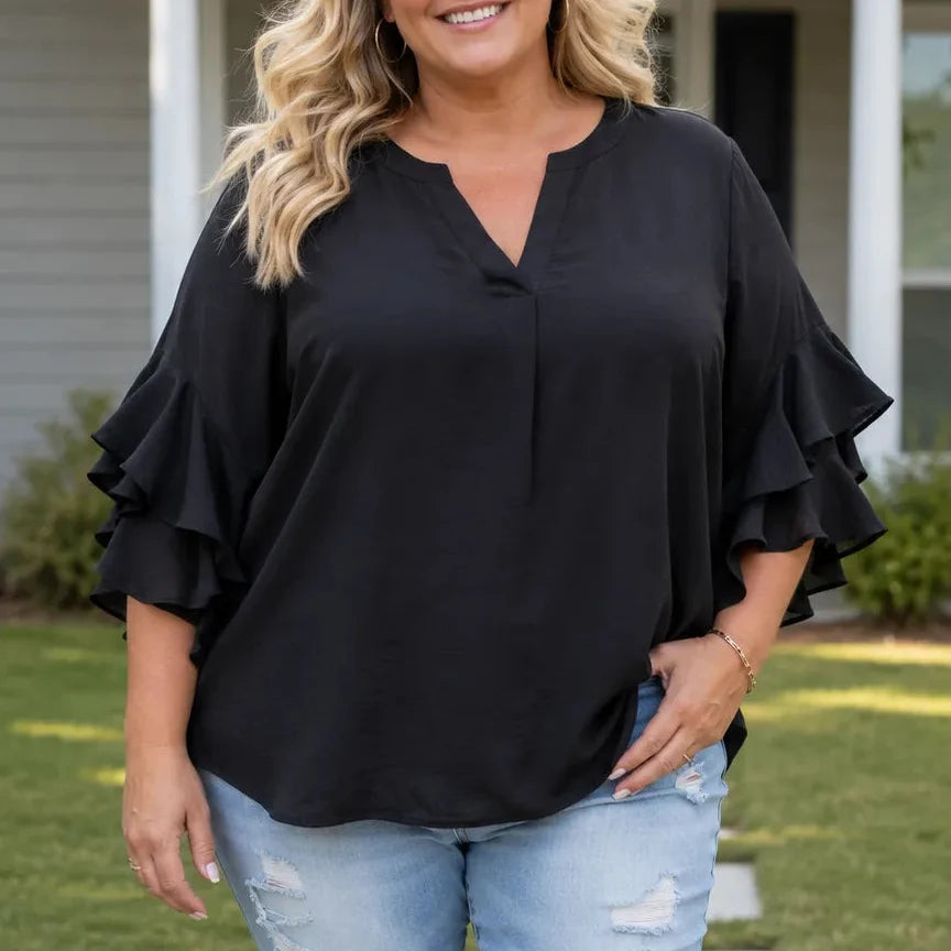 Vivelyn – Women's V-Neck Ruffle Sleeve Blouse, Flowy Casual Top in 4 Colors