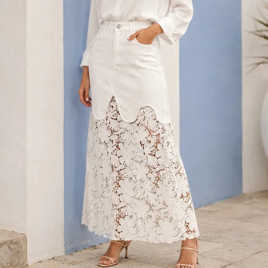 Florenza – Floral lace hem high waist denim maxi skirt with pockets