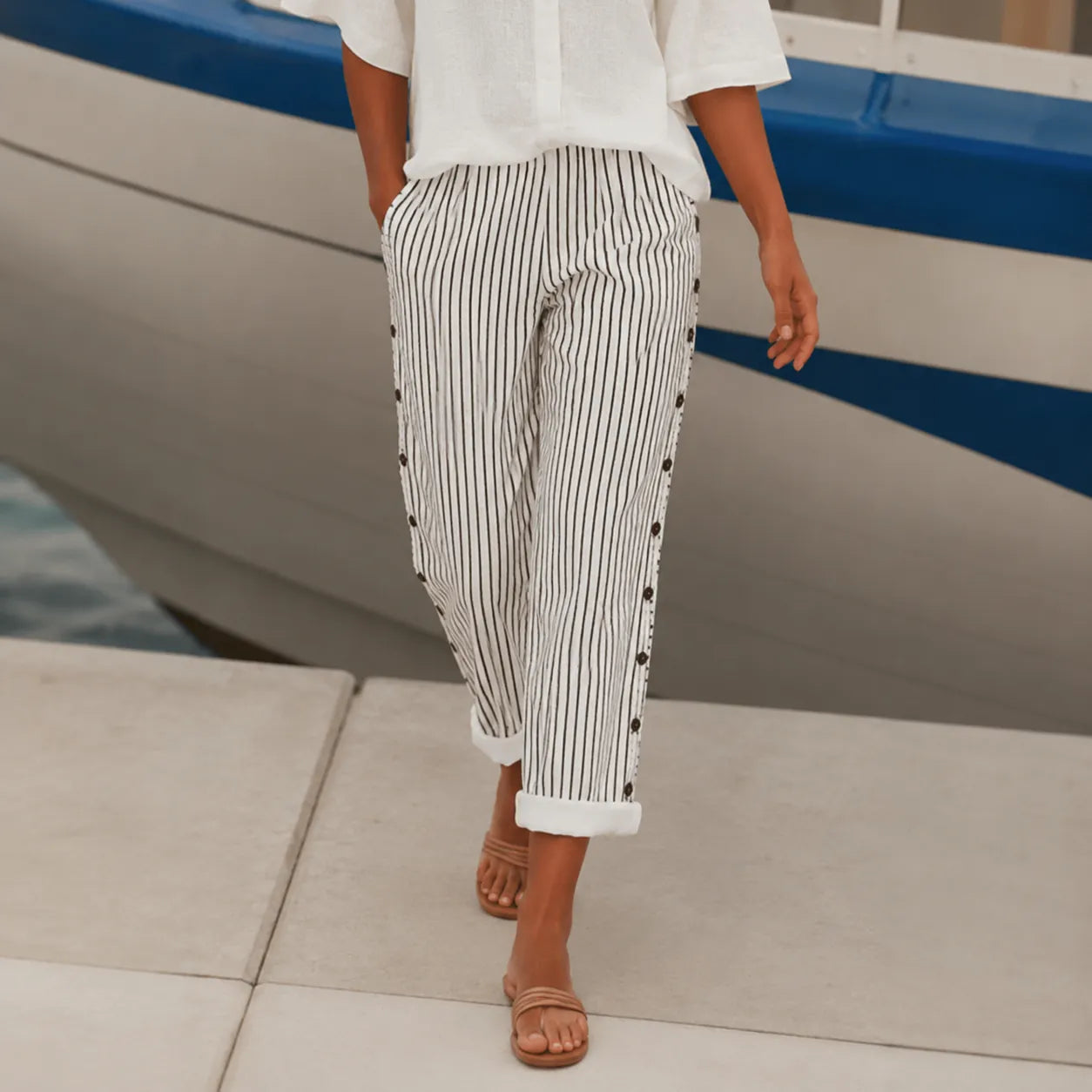 Marena – Striped Side-Button Cropped Summer Pants for Women
