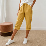 Loravie – Eyelet Trim Cotton-Linen-like Capri Pants with Drawstring Waist