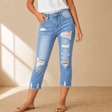 Delina – Women's Soft Cotton Frayed-Hem Capri Jeans