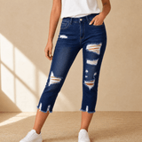 Delina – Women's Soft Cotton Frayed-Hem Capri Jeans