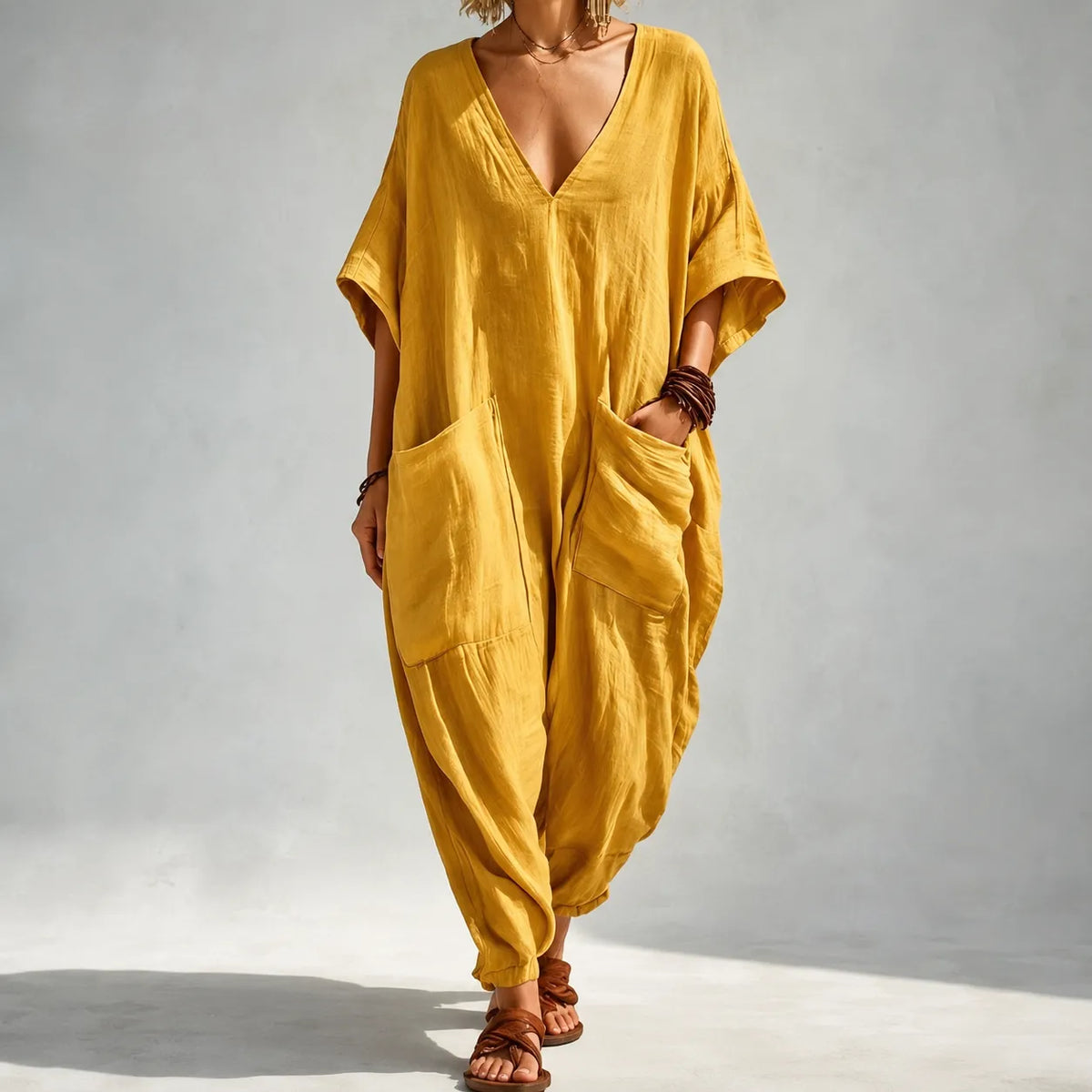 Solunya – Loose V-Neck Summer Jumpsuit with Deep Pockets, Batwing Sleeves, 6 Colors