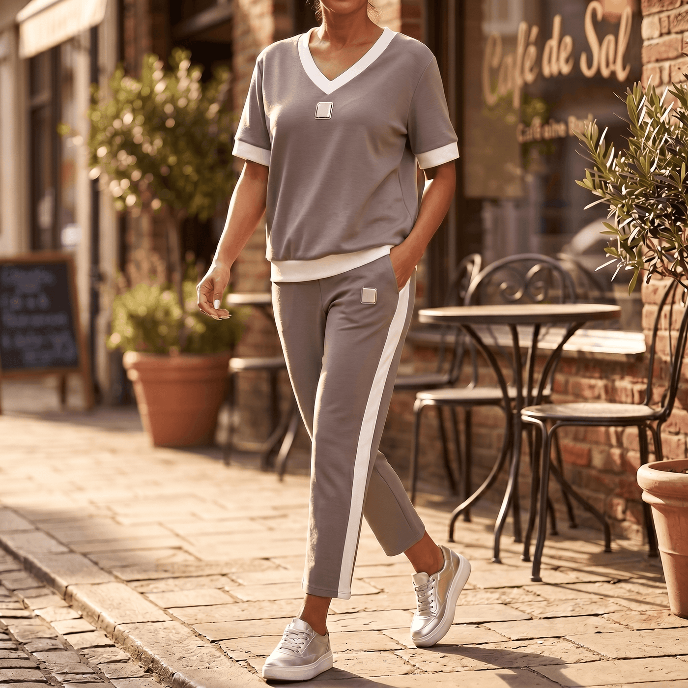 Ellara – Women's Contrast Trim V-Neck Pants Set