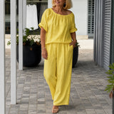 Soléne – Off-Shoulder Drawstring Top & Wide-Leg Pants 2-Piece Set