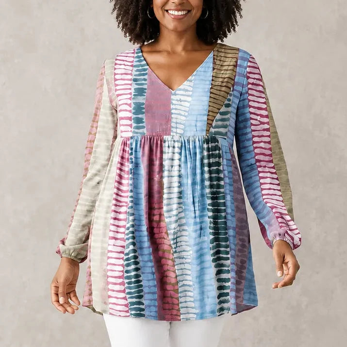 Vivelle – Long V-Neck Tunic Blouse with Pockets, Bold Print, 3/4 Sleeve
