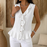 Vellara – Sleeveless Ruffle V-Neck Blouse with Bow Tie and Peplum Hem