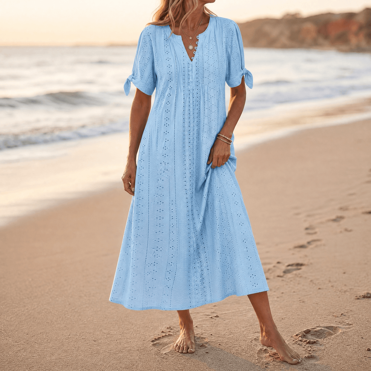 Florenza – Women's Eyelet Midi Dress with Tie-Bow Sleeves