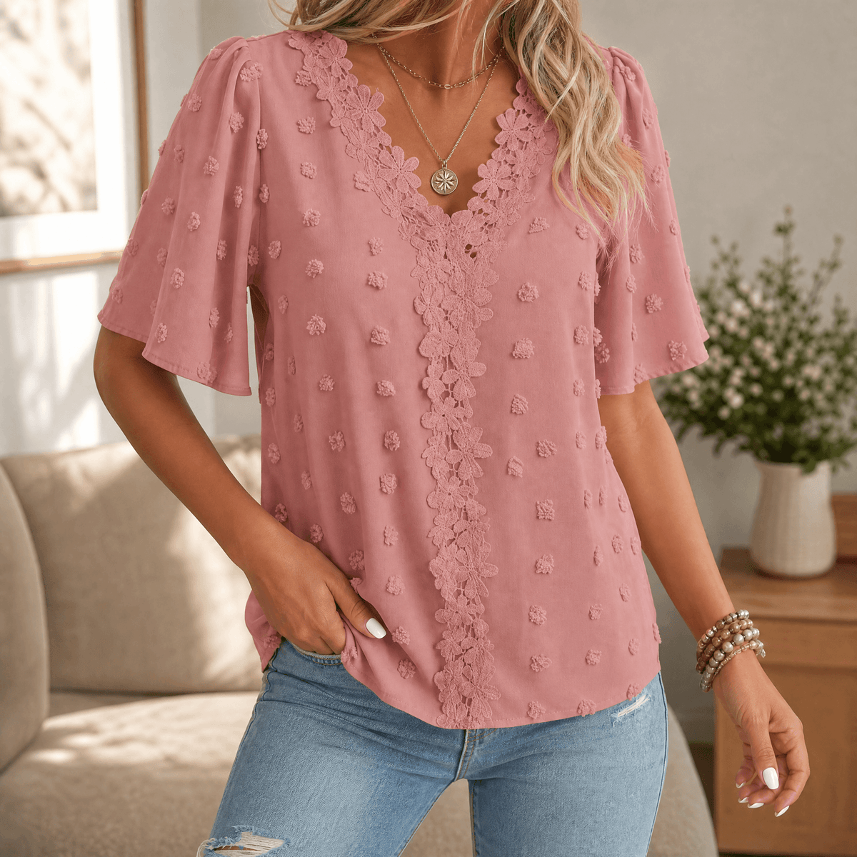 Florenza – Women's Jacquard Crochet-Lace V-Neck Blouse