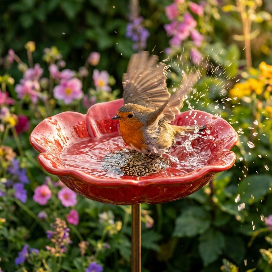 PetalHaven – Hand-Formed Poppy Bird Bath Garden Stake