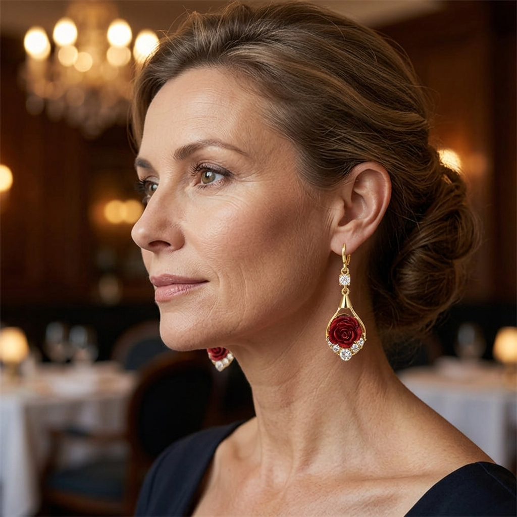 Rosavelle – Red Rose Crystal Drop Earrings