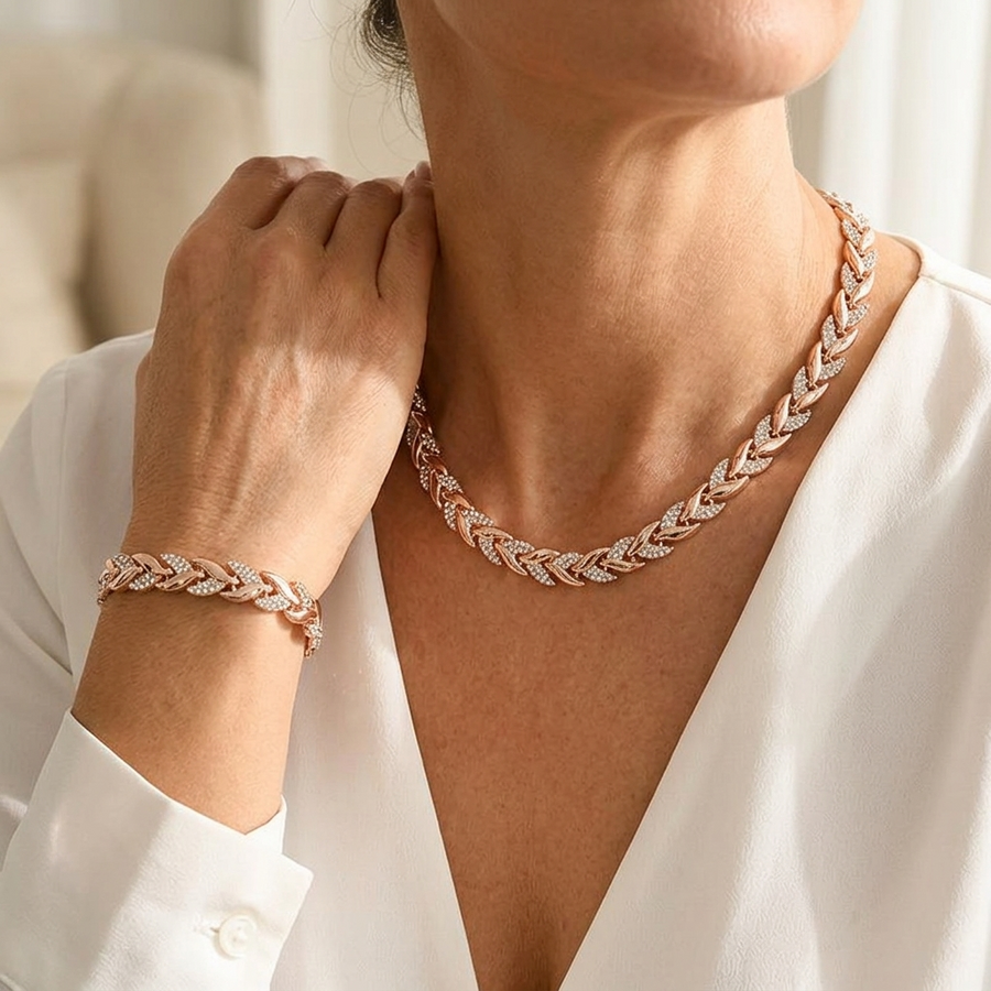 Levara - Sparkling Leaf Link Necklace and Bracelet Set