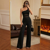 Veluna – Women's One-Shoulder Mesh Waist Jumpsuit