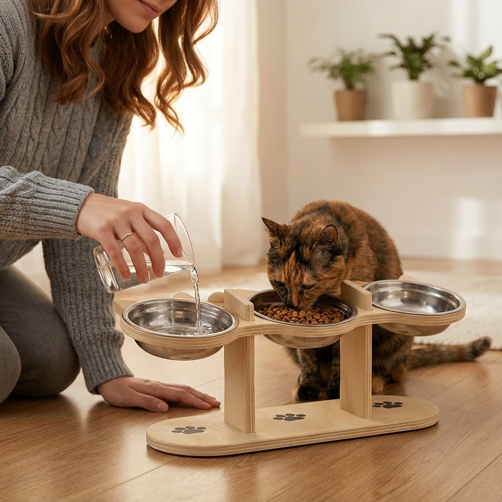 PawNest – 3-Bowl Wooden Pet Feeding Station