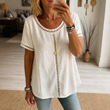 Marellia – Boho Openwork Trim Tunic Top for Women, Relaxed Fit Short Sleeve Summer Blouse