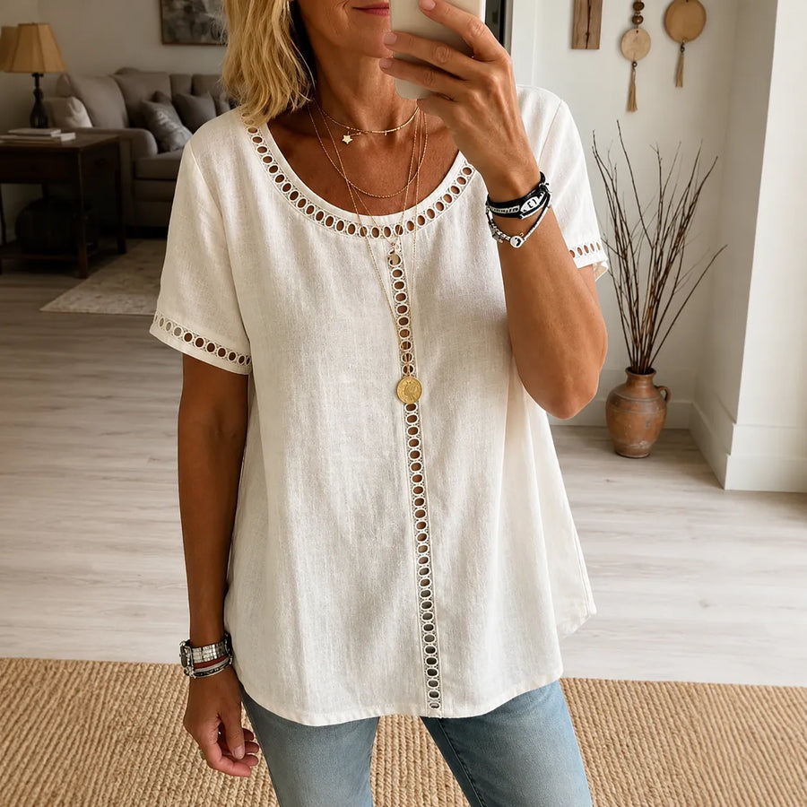Marellia – Boho Openwork Trim Tunic Top for Women, Relaxed Fit Short Sleeve Summer Blouse