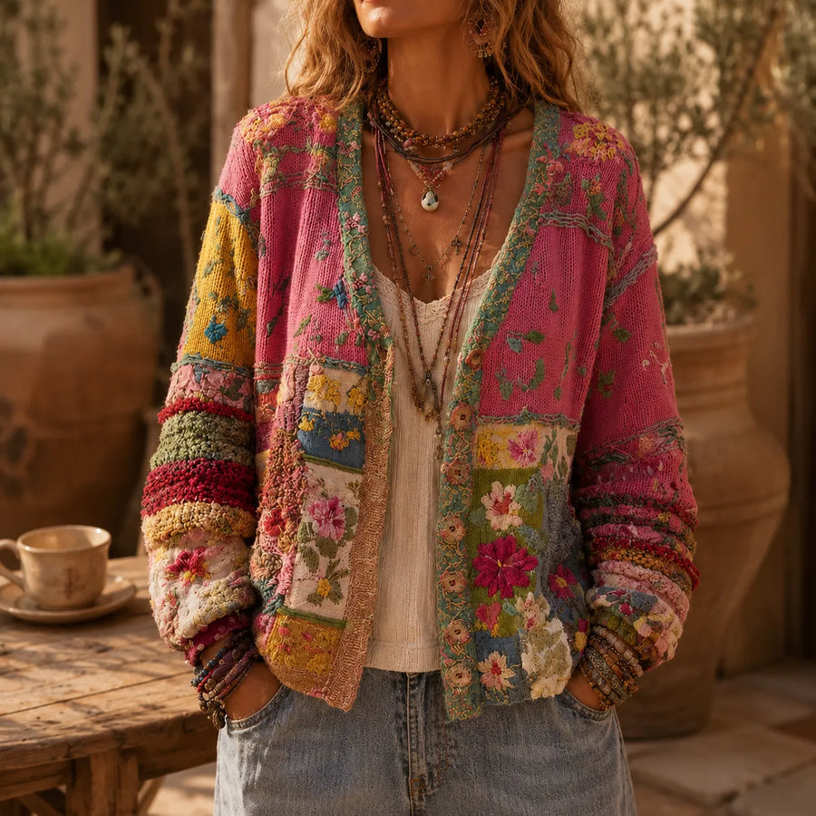 Solenne – Embroidered Look Floral Patchwork Boho Cardigan