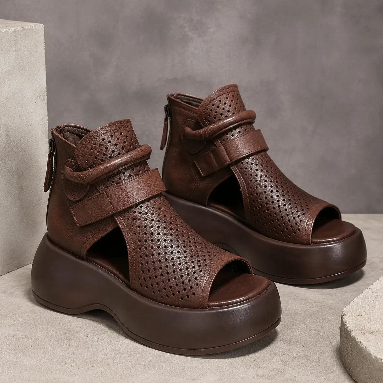 Terracora – Cut Out Platform Sandals with Back Zip, Cognac Espresso Beige